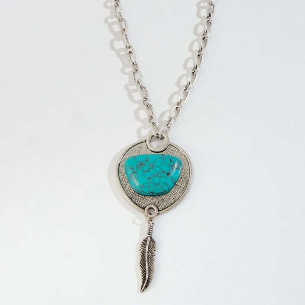 NEW Turquoise and Silver Feather Pendant Necklace